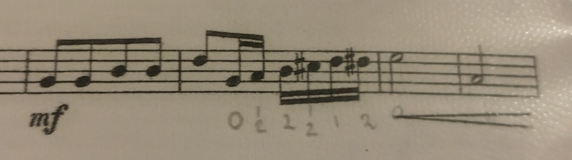 sample of sheet music. (treble clef but not annotated on picture)

G quaver, G quaver, B quaver, B quaver, D quaver, semiquavers G A B C# D D#, minum E, minum A