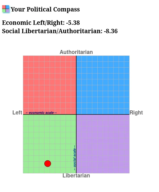 Political compass result, showing -5.38 left/right (ecconomic) and -8.36 libertarian/authoritarian (social)