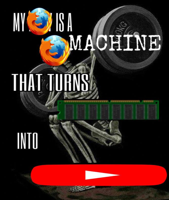 my body is a machine that turns blank into blank meme. reading "my firefox is a machine that turns ram into youtube". firefox, youtube, and ram are replaced with pictures. the firefox logo is also over the skeletons head