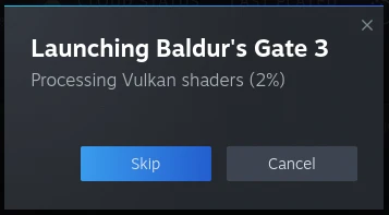 A steam "Processing Vulkan Shaders" modal for Baldur's Gate 3